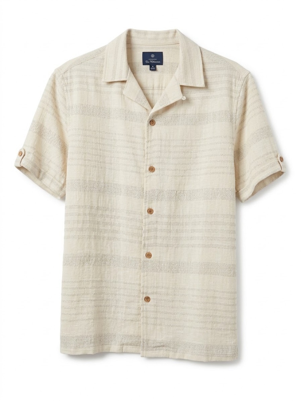Ben Sherman Textured Knit Camp Collar Shirt Small Ivory Stripe Cabana Retro S